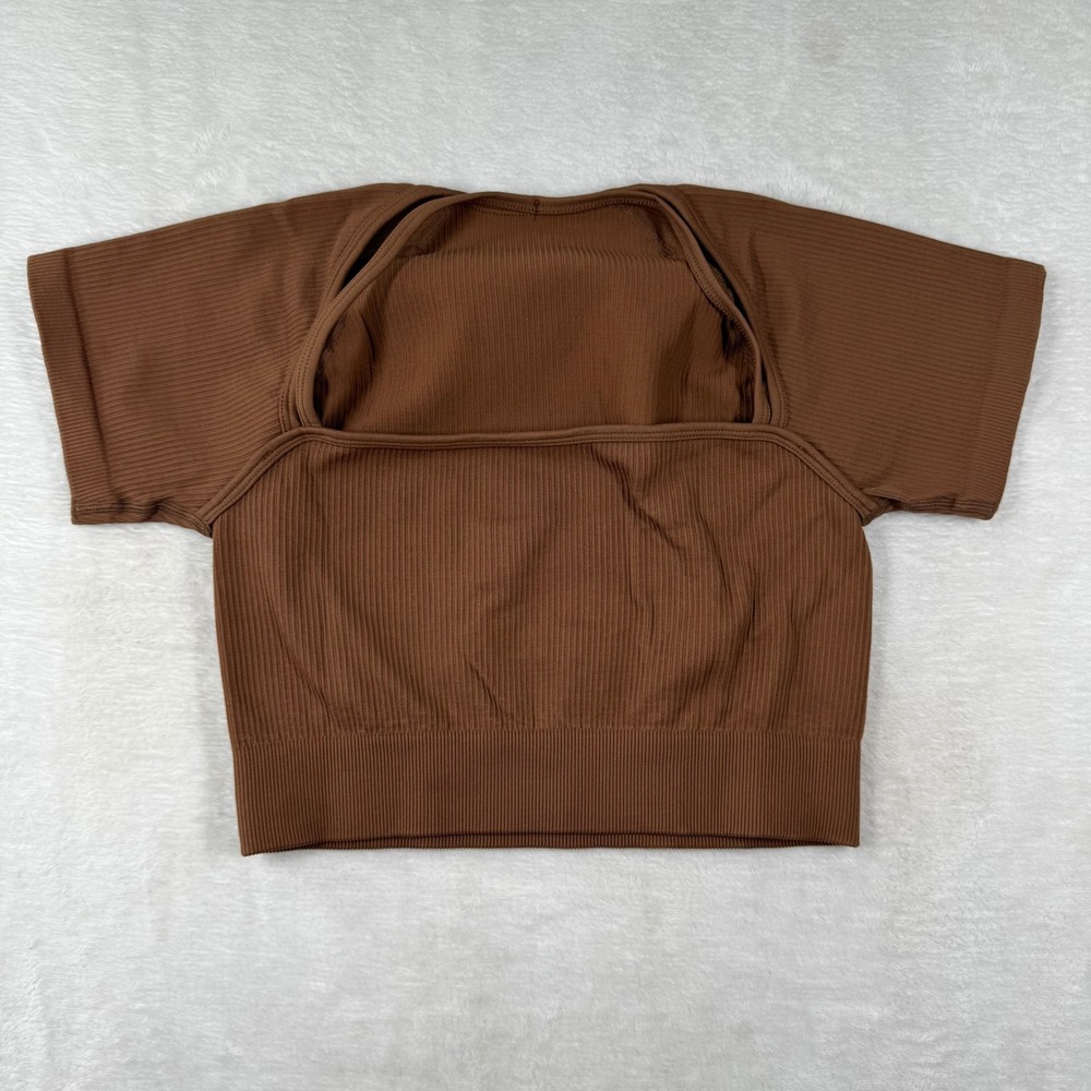 Peachy Bunz Brown Ribbed Seamless Square Neck Crop Top‎ Workout Shirt M